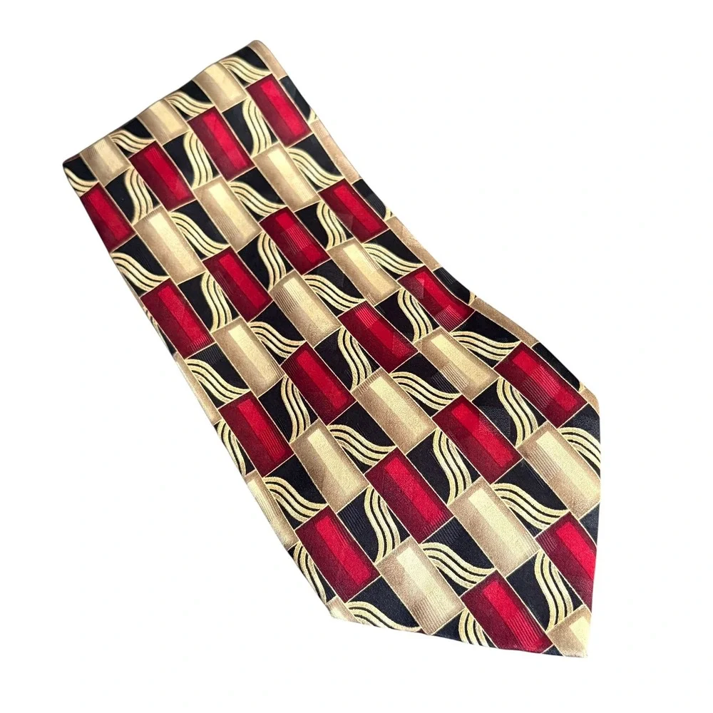 Signorcelli d'Italia Tie Men's 100% Silk Red Gold Black Geometric‎ Made in Korea